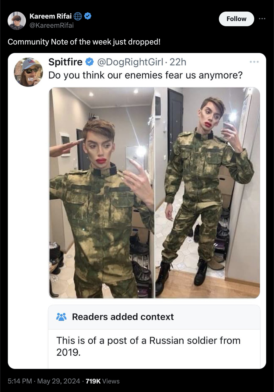 military uniform - Kareem Rifal Kareem Rifal Community Note of the week just dropped! Spitfire Do you think our enemies fear us anymore? Readers added context This is of a post of a Russian soldier from 2019. Views